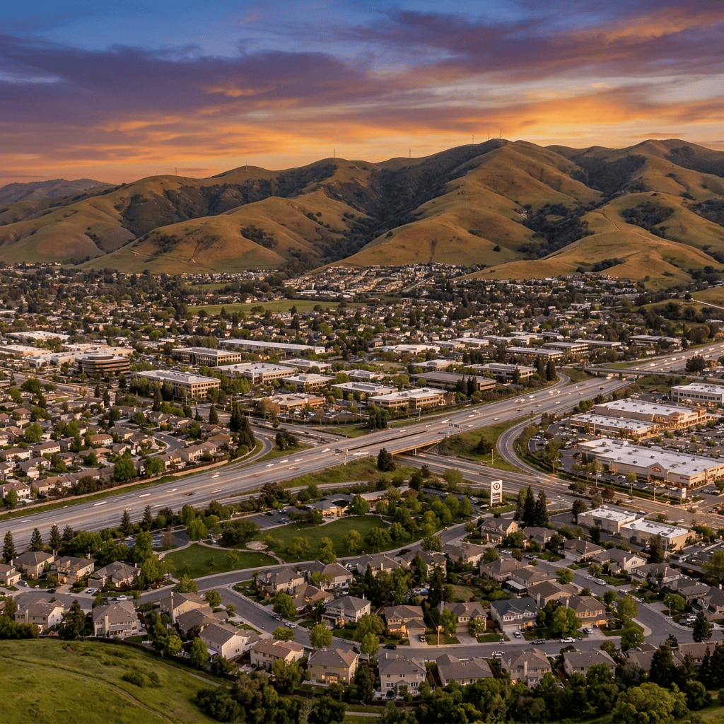 Aerial view of suburban neighborhoods, businesses, highways, and green hills