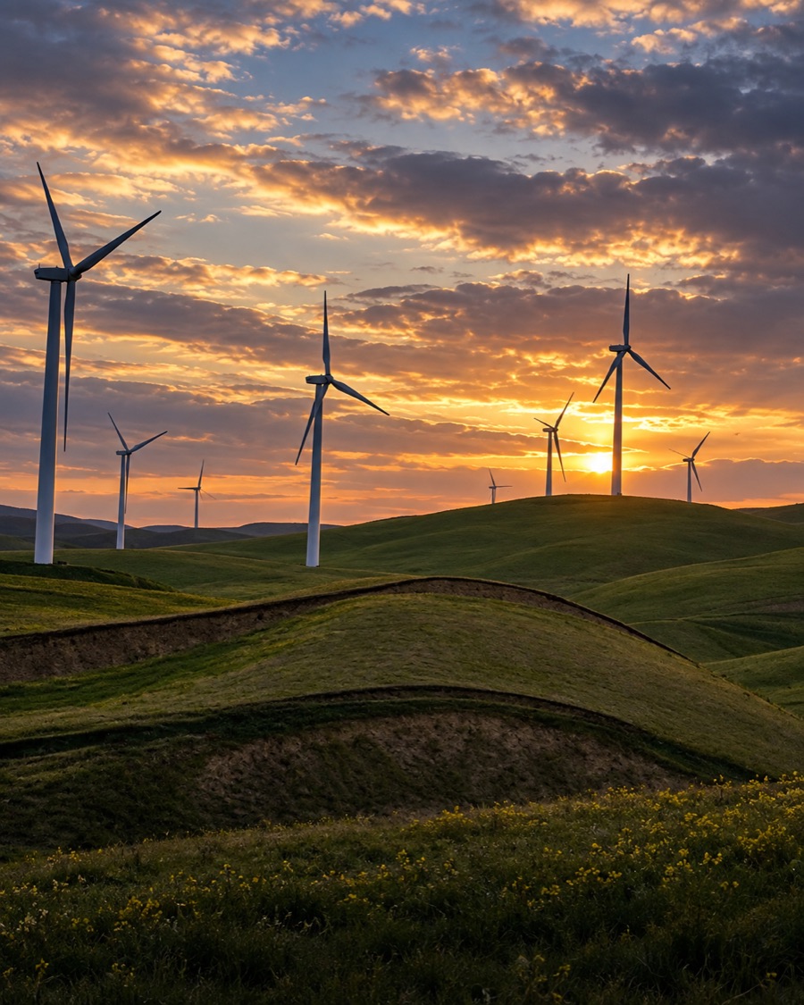 Altamont Pass wind turbines near Tracy at sunset
