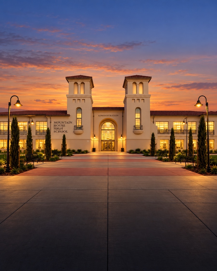 Mountain House High School and neighborhood at twilight