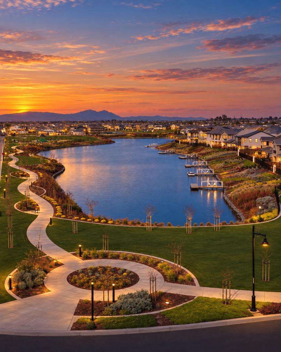 River Islands neighborhood lake and homes at sunset